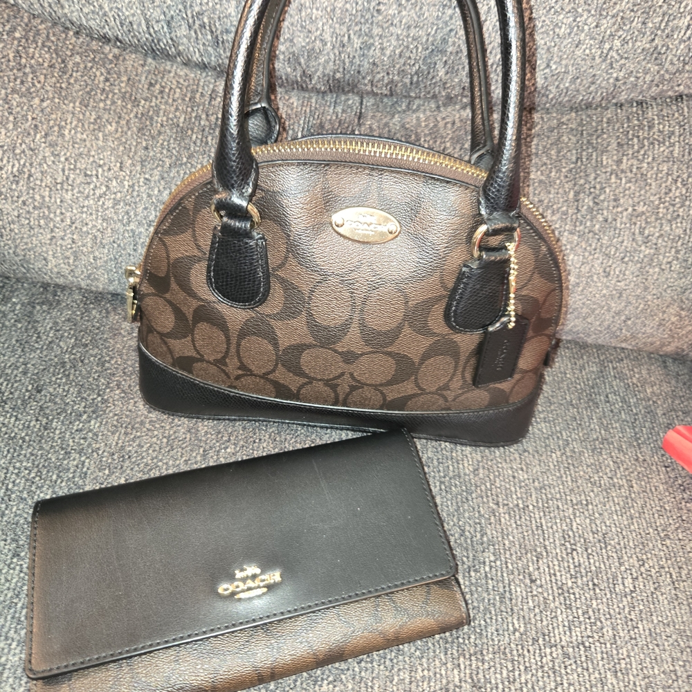 Coach Brown and Black Signature Handbag and Wallet Set